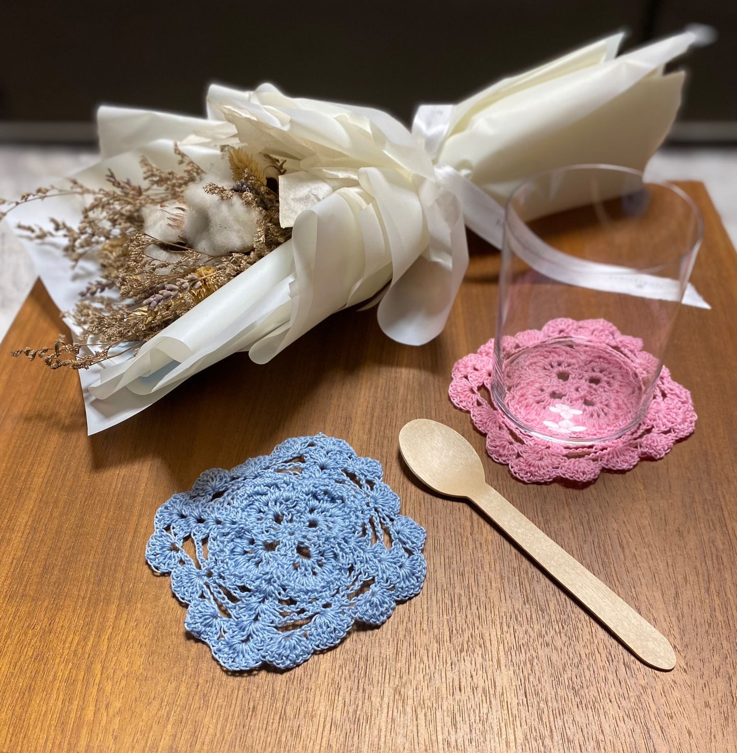 Crochet Coasters (Set of 4) - Sky Blue & Flamingo Pink